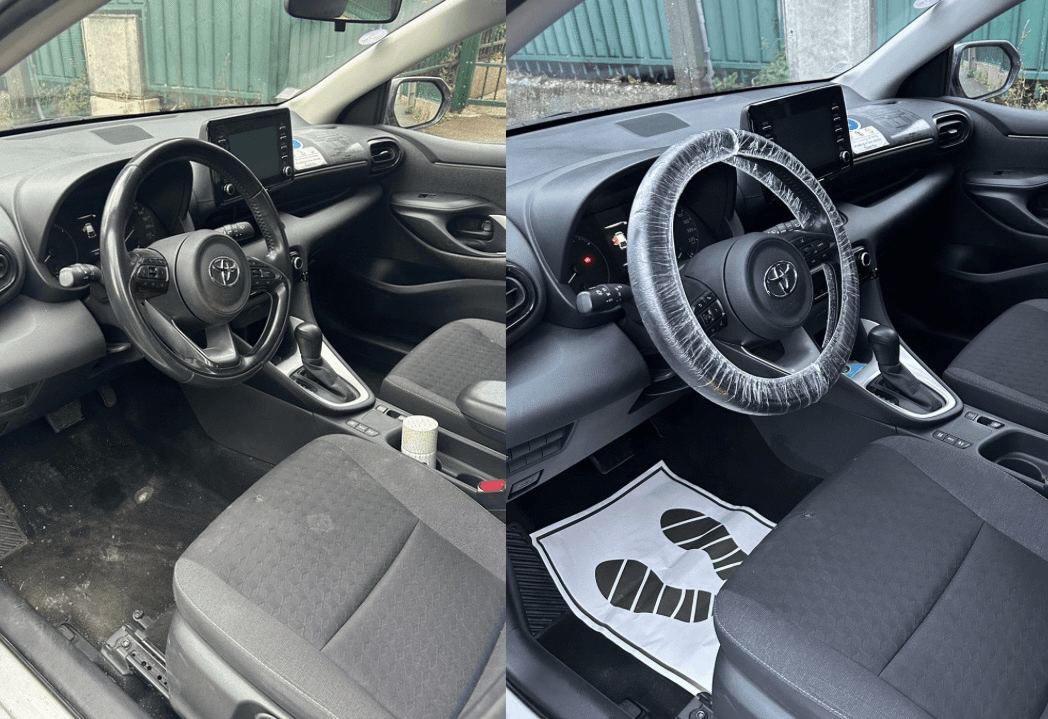 Avant / après d'un nettoyage intérieur automobile complet réalisé par Nesfag Services en Île-de-France