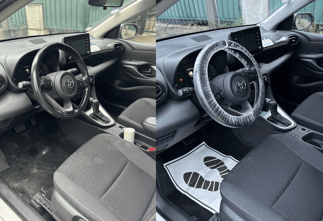 Avant / après d'un nettoyage intérieur automobile complet réalisé par Nesfag Services en Île-de-France